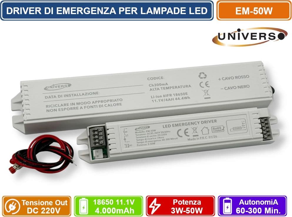 UNIVERSO EM-50W DRIVER DI EMERGENZA PER LAMPADE LED DA 3W A 50W AUTONOMIA FINO A 300 MINUTI USCITA DC 220V - 2