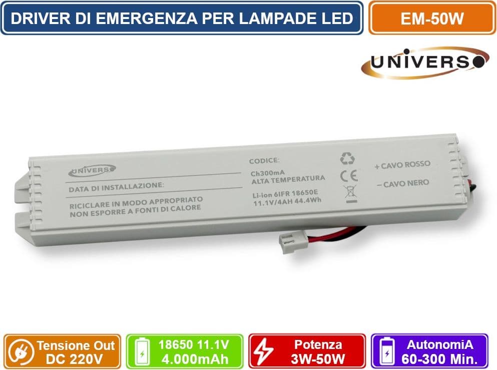 UNIVERSO EM-50W DRIVER DI EMERGENZA PER LAMPADE LED DA 3W A 50W AUTONOMIA FINO A 300 MINUTI USCITA DC 220V - 3