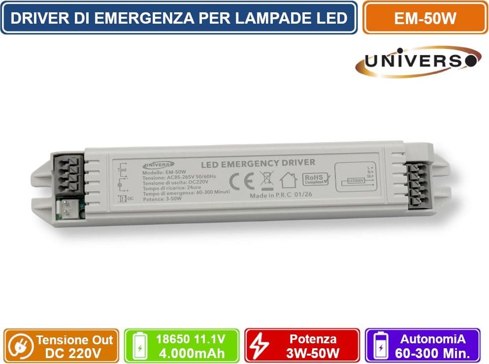 UNIVERSO EM-50W DRIVER DI EMERGENZA PER LAMPADE LED DA 3W A 50W AUTONOMIA FINO A 300 MINUTI USCITA DC 220V - 4