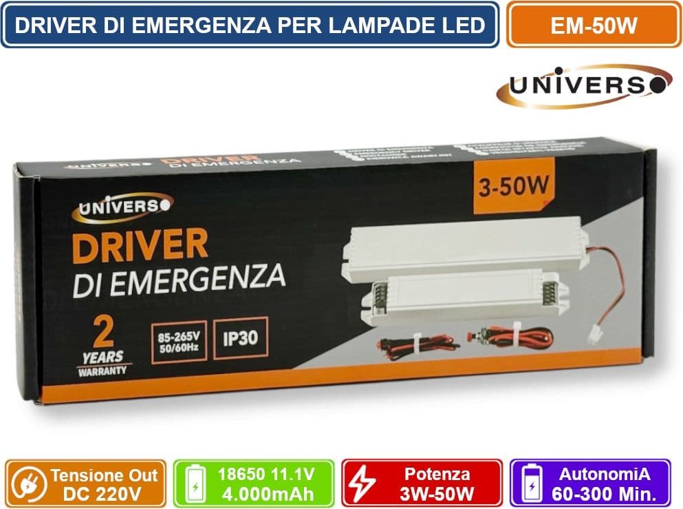 UNIVERSO EM-50W DRIVER DI EMERGENZA PER LAMPADE LED DA 3W A 50W AUTONOMIA FINO A 300 MINUTI USCITA DC 220V - 5