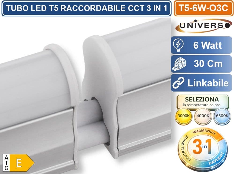 UNIVERSO T5-6W-3C-M TUBO NEON LED SMD PLAFONIERA T5 RACCORDABILE 30CM 6W 660LM CON SWITCH CCT PER SELEZIONE LUCE 3000K-4000K-6500K - 5