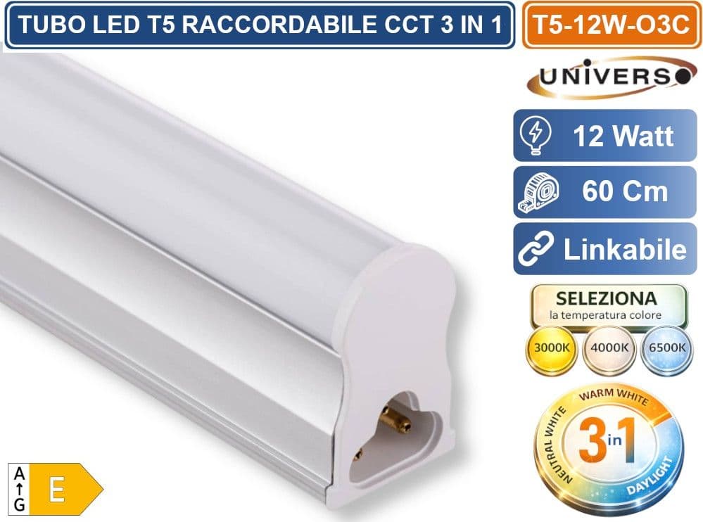 UNIVERSO T5-12W-O3C TUBO NEON LED SMD PLAFONIERA T5 RACCORDABILE 60CM 12W 1320LM CON SWITCH CCT PER SELEZIONE LUCE 3000K-4000K-6500K - 2