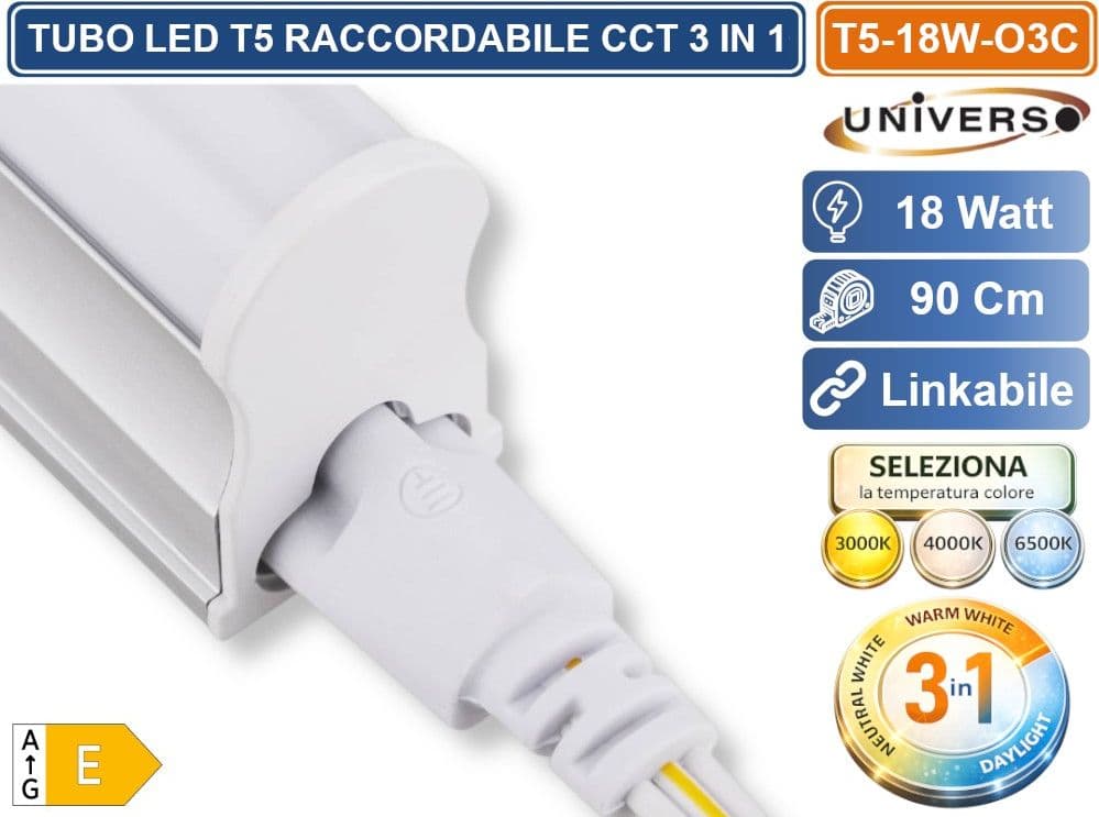 UNIVERSO T5-18W-O3C TUBO NEON LED SMD PLAFONIERA T5 RACCORDABILE 90CM 18W 1980LM CON SWITCH CCT PER SELEZIONE LUCE 3000K-4000K-6500K - 4