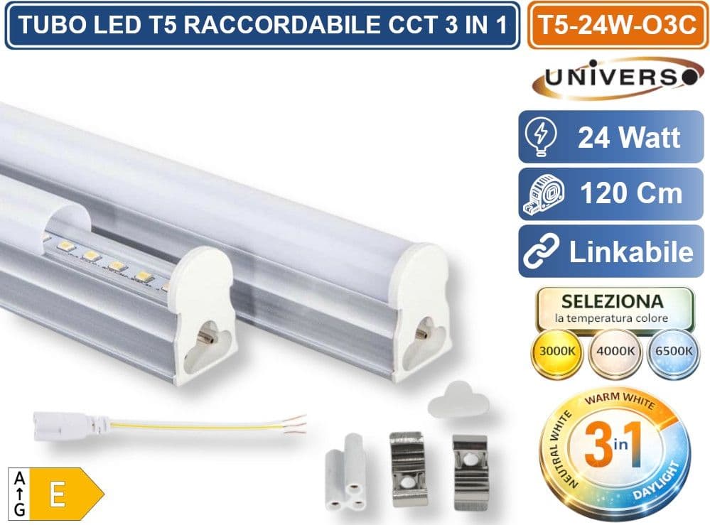 UNIVERSO T5-24W-O3C TUBO NEON LED SMD PLAFONIERA T5 RACCORDABILE 120CM 24W 2640LM CON SWITCH CCT PER SELEZIONE LUCE 3000K-4000K-6500K