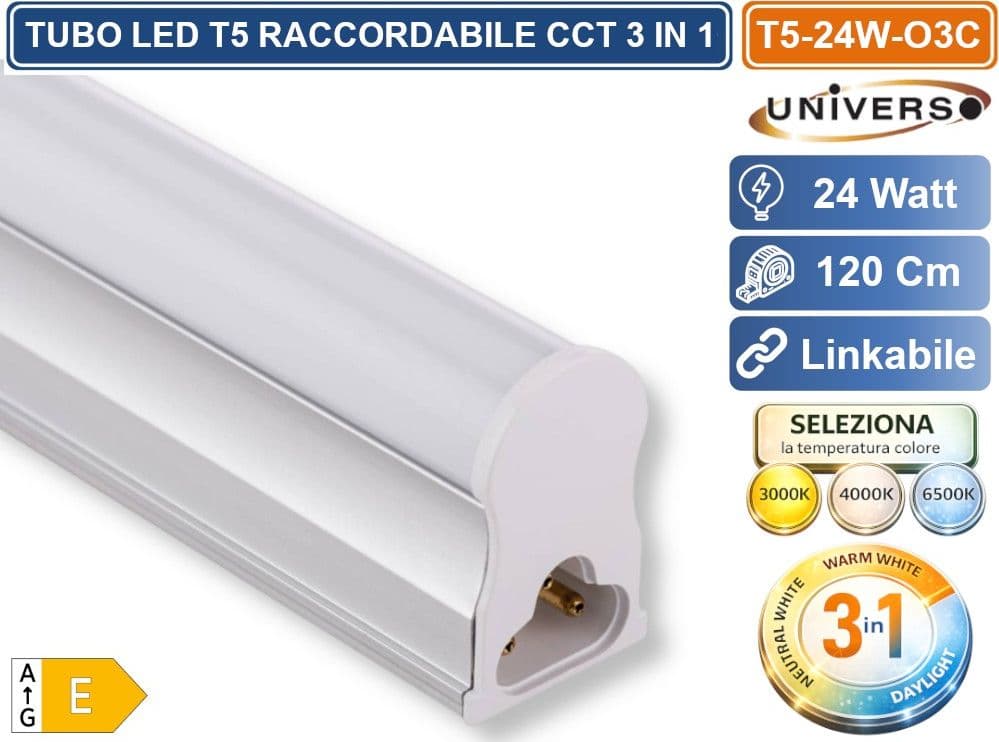 UNIVERSO T5-24W-O3C TUBO NEON LED SMD PLAFONIERA T5 RACCORDABILE 120CM 24W 2640LM CON SWITCH CCT PER SELEZIONE LUCE 3000K-4000K-6500K - 2