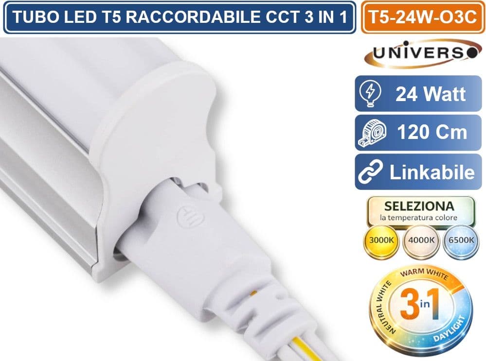 UNIVERSO T5-24W-O3C TUBO NEON LED SMD PLAFONIERA T5 RACCORDABILE 120CM 24W 2640LM CON SWITCH CCT PER SELEZIONE LUCE 3000K-4000K-6500K - 4