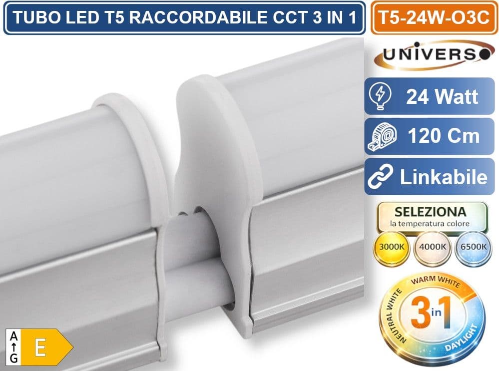 UNIVERSO T5-24W-O3C TUBO NEON LED SMD PLAFONIERA T5 RACCORDABILE 120CM 24W 2640LM CON SWITCH CCT PER SELEZIONE LUCE 3000K-4000K-6500K - 5