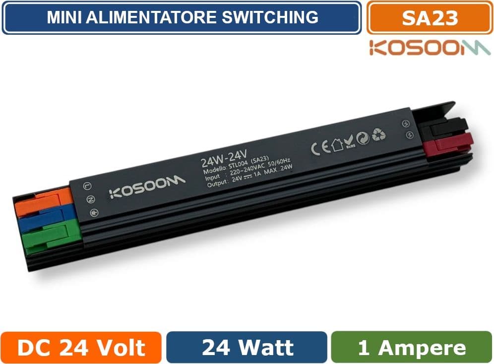 KOSOOM SA23 MINI ALIMENTATORE SLIM METALLICO STABILIZZATO SWITCHING TRIMMER 220V-24V 1A 24 WATT COLORE NERO IP20 - 2