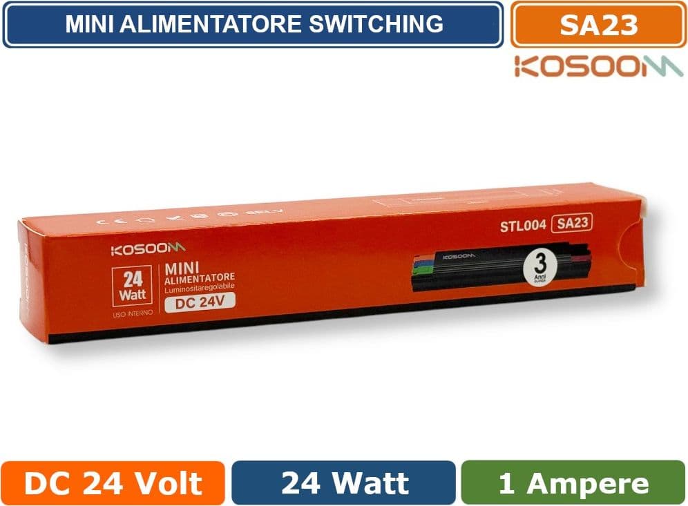 KOSOOM SA23 MINI ALIMENTATORE SLIM METALLICO STABILIZZATO SWITCHING TRIMMER 220V-24V 1A 24 WATT COLORE NERO IP20 - 4