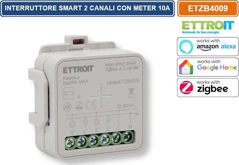 ETTROIT ETZB4009 MODULO RELÈ SMART WI-FI 2 CANALI ZIGBEE TUYA ON/OFF 10A COMPATIBILE CON AMAZON ALEXA E GOOGLE HOME - 2
