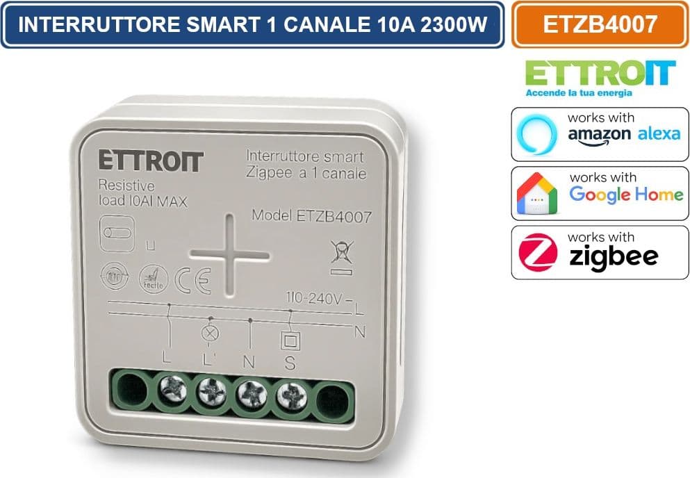 ETTROIT ETZB4007 MODULO INTERRUTTORE RELÈ SMART ZIGBEE TUYA WI-FI 1 CANALE ON/OFF 10A COMPATIBILE CON AMAZON ALEXA E GOOGLE HOME - 2