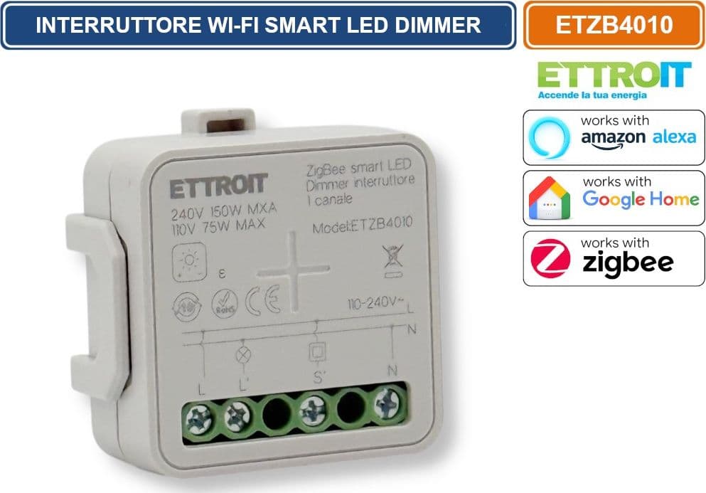 ETTROIT ETZB4010 MODULO RELÈ SMART WI-FI ZIGBEE TUYA 1 CANALE CON DIMMER CONTROLLO ON/OFF LUCI COMPATIBILE CON AMAZON ALEXA E GOOGLE HOME - 2
