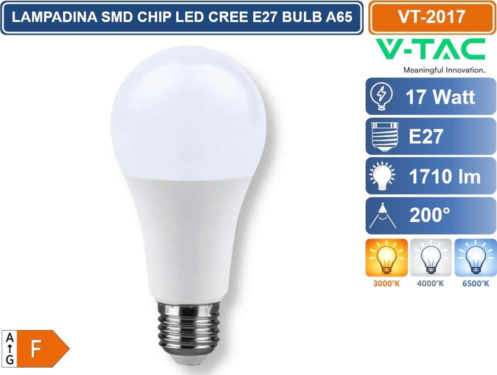 5 PEZZI V-TAC VT-2017 LAMPADINA LED E27 17W A65 GOCCIA SMD CHIP CREE TERMOPLASTICA 3000K 4000K 6500K - 2