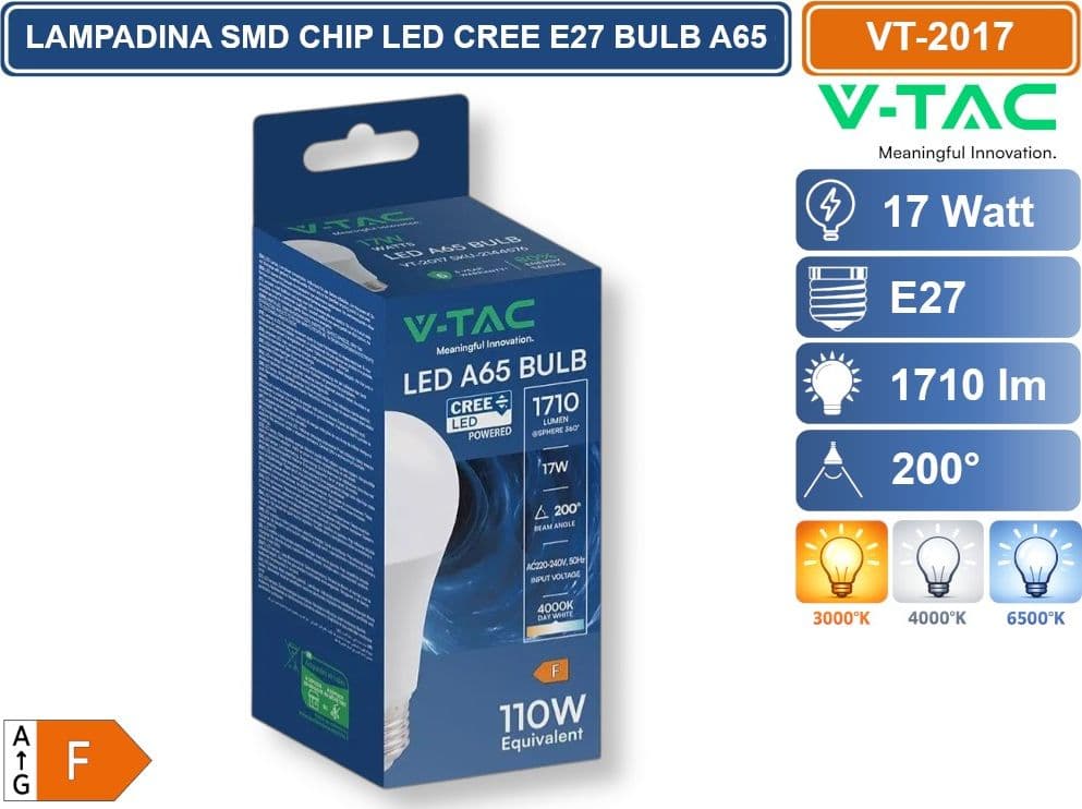 10 PEZZI V-TAC VT-2017 LAMPADINA LED E27 17W A65 GOCCIA SMD CHIP CREE TERMOPLASTICA 3000K 4000K 6500K - 3