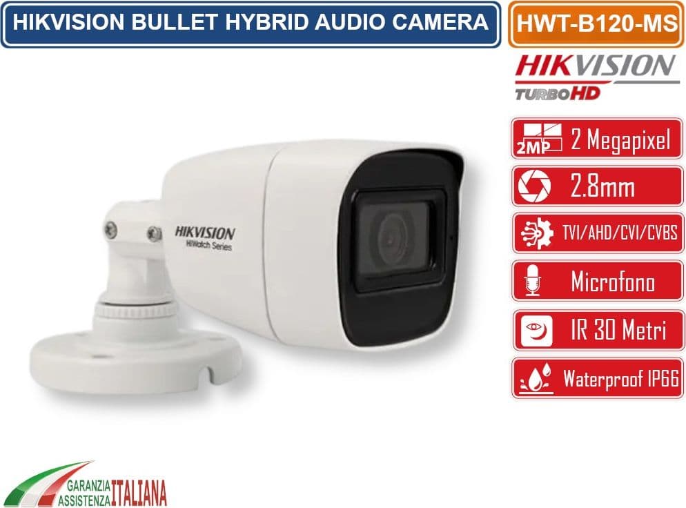 HIKVISION HWT-B120-MS TELECAMERA BULLET 2MP 2.8MM CON MICROFONO 4IN1 TVI/AHD/CVI/CVBS FULL HD HIWATCH SERIES AUDIO OSD IP66 - 2