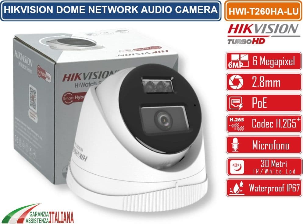 HIKVISION HWI-T260HA-LU TELECAMERA IP DOME 6MP SMART DUAL-LIGHT RILEVAMENTO PERSONE E VEICOLI AUDIO IP67