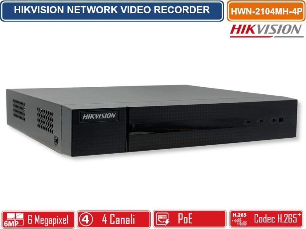 HIKVISION HWN-2104MH-4P NVR 4 CANALI POE 6 MEGAPIXEL PER VIDEOSORVEGLIANZA IP H.265+ HDMI/VGA 4 PORTE POE - 2