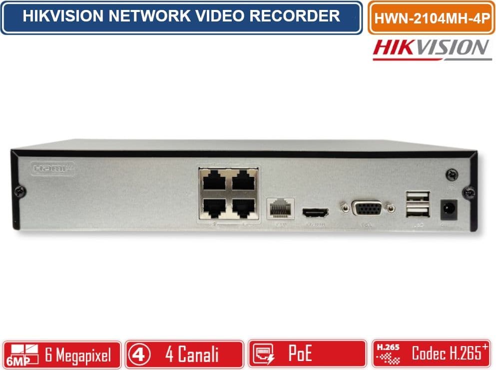 HIKVISION HWN-2104MH-4P NVR 4 CANALI POE 6 MEGAPIXEL PER VIDEOSORVEGLIANZA IP H.265+ HDMI/VGA 4 PORTE POE - 3