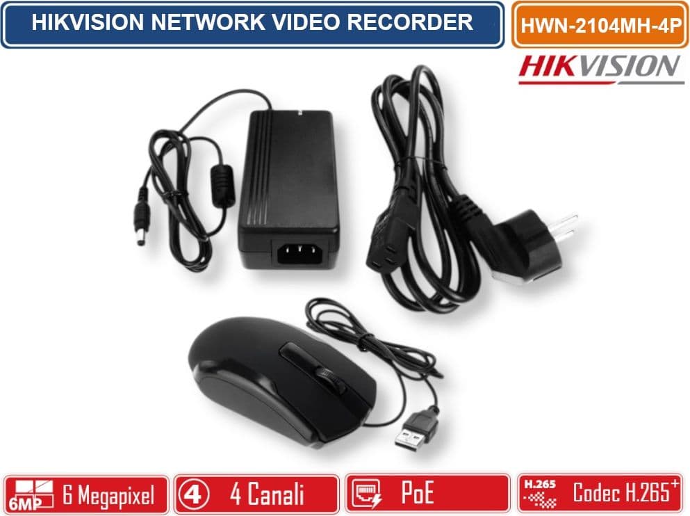 HIKVISION HWN-2104MH-4P NVR 4 CANALI POE 6 MEGAPIXEL PER VIDEOSORVEGLIANZA IP H.265+ HDMI/VGA 4 PORTE POE - 4