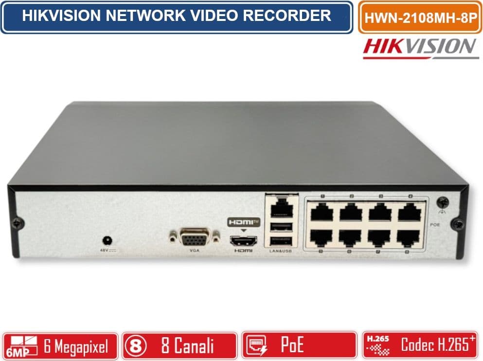 HIKVISION HWN-2108MH-8P NVR 8 CANALI POE 6 MEGAPIXEL PER VIDEOSORVEGLIANZA IP H.265+ HDMI/VGA 8 PORTE POE - 3