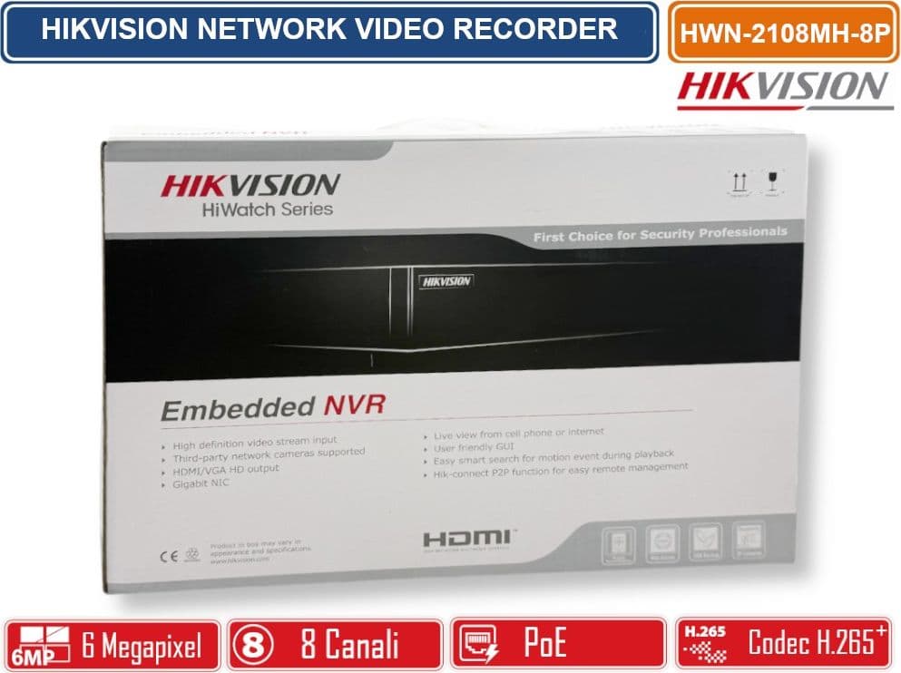 HIKVISION HWN-2108MH-8P NVR 8 CANALI POE 6 MEGAPIXEL PER VIDEOSORVEGLIANZA IP H.265+ HDMI/VGA 8 PORTE POE - 5