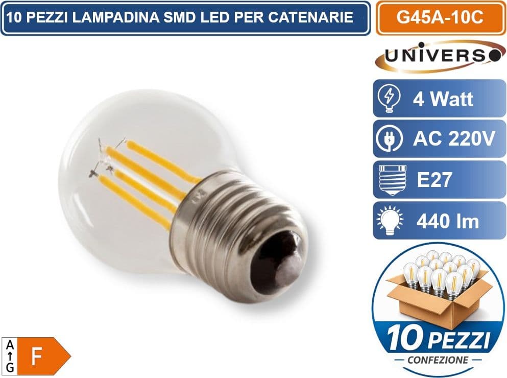 CONFEZIONE 10 PEZZI UNIVERSO G45A-10C LAMPADINA LED SMD POTENZA 4W G45 AC220V 440LM BIANCO CALDO 2700K IDEALE PER CATENARIE - 2