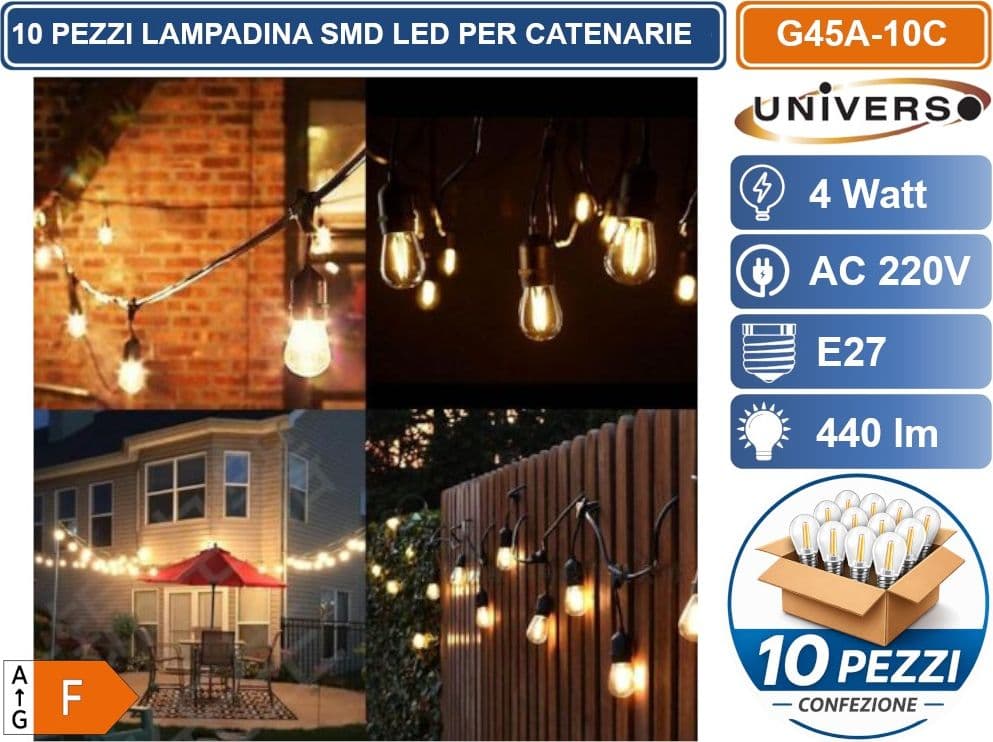 CONFEZIONE 10 PEZZI UNIVERSO G45A-10C LAMPADINA LED SMD POTENZA 4W G45 AC220V 440LM BIANCO CALDO 2700K IDEALE PER CATENARIE - 3
