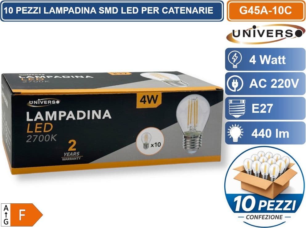 CONFEZIONE 10 PEZZI UNIVERSO G45A-10C LAMPADINA LED SMD POTENZA 4W G45 AC220V 440LM BIANCO CALDO 2700K IDEALE PER CATENARIE - 4