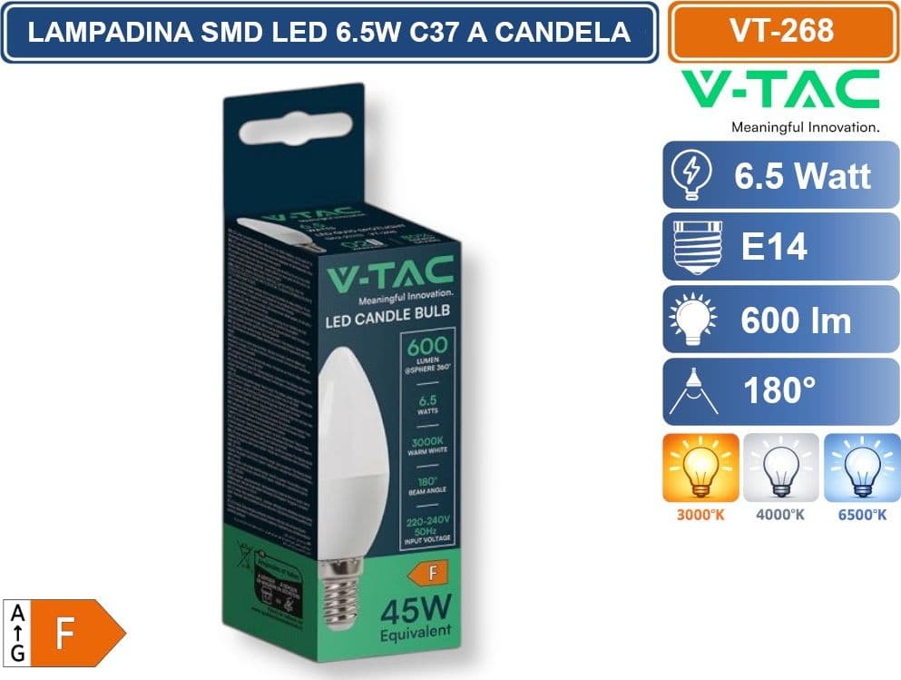 V-TAC VT-268 LAMPADINA SMD LED E14 6.5W CANDELA C37 3000K 4000K 6500K - 4