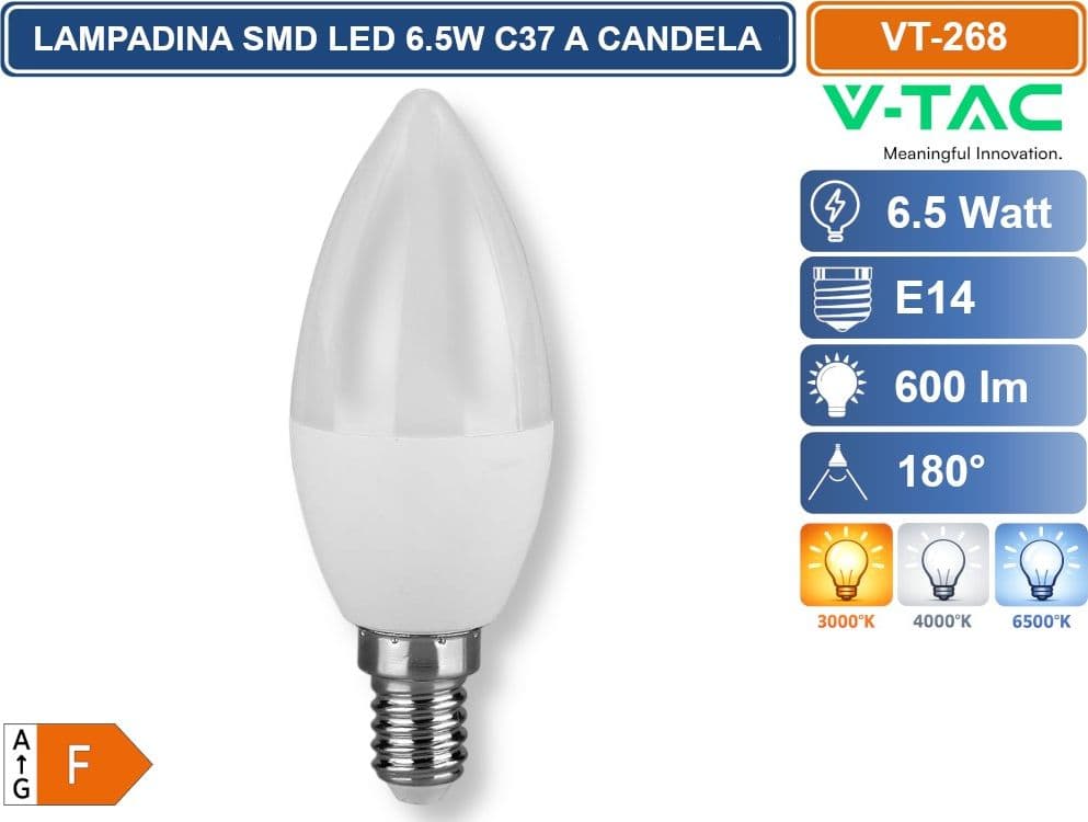10 PEZZI V-TAC VT-268 LAMPADINA SMD LED E14 6.5W CANDELA C37 3000K 4000K 6500K - 2