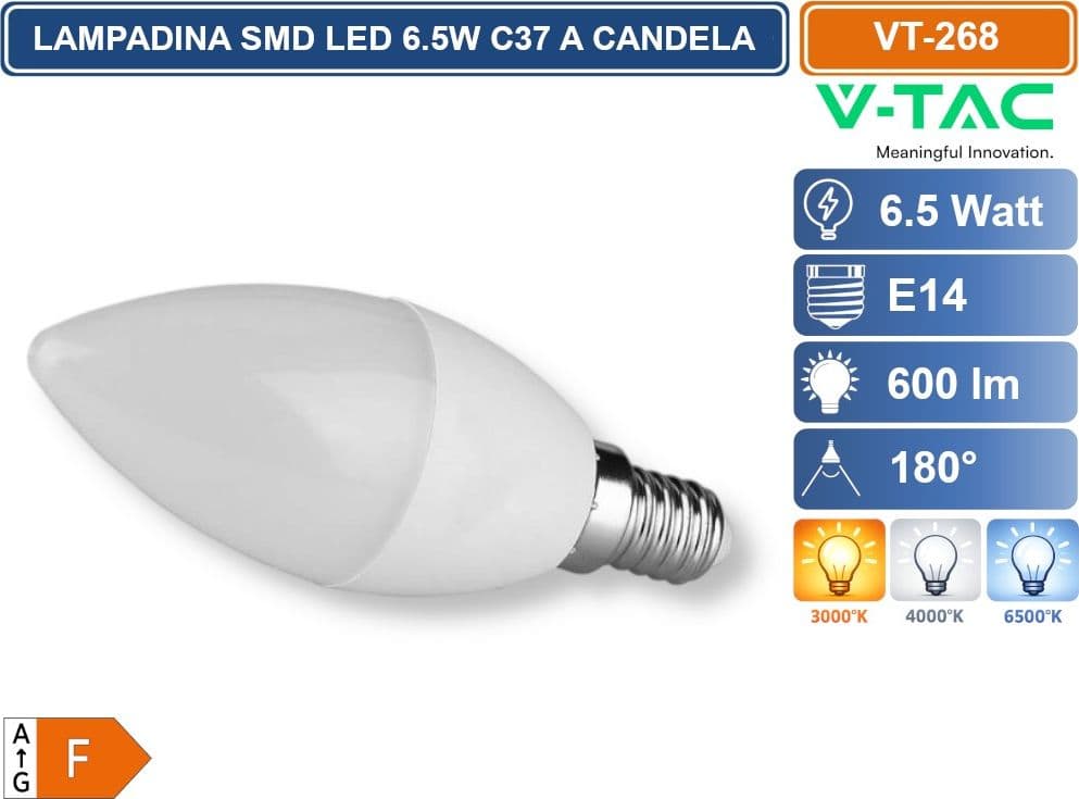 20 PEZZI V-TAC VT-268 LAMPADINA SMD LED E14 6.5W CANDELA C37 3000K 4000K 6500K - 3