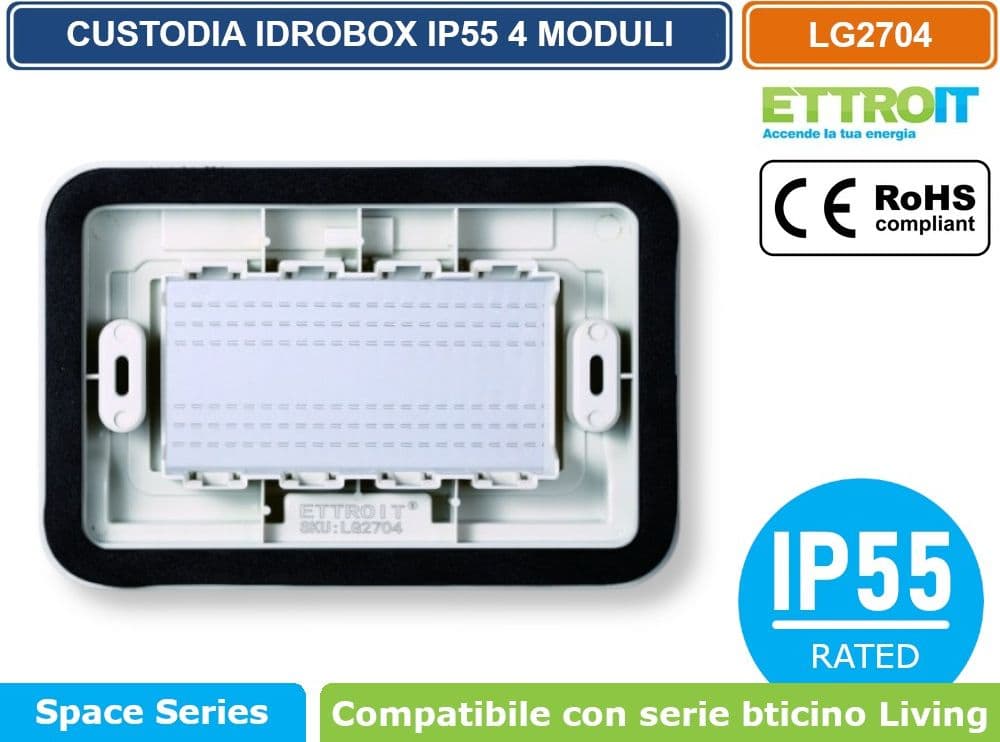 ETTROIT LG2704 PLACCA COPERTURA STAGNA 4M IDROBOX 4 MODULI GRIGIA IP55 COMPATIBILE SERIE BTICINO LIVING - 3