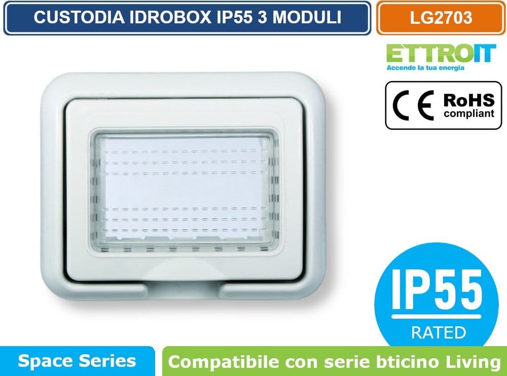 ETTROIT LG2703 PLACCA COPERTURA STAGNA 3M IDROBOX 3 MODULI GRIGIA IP55 COMPATIBILE SERIE BTICINO LIVING - 2