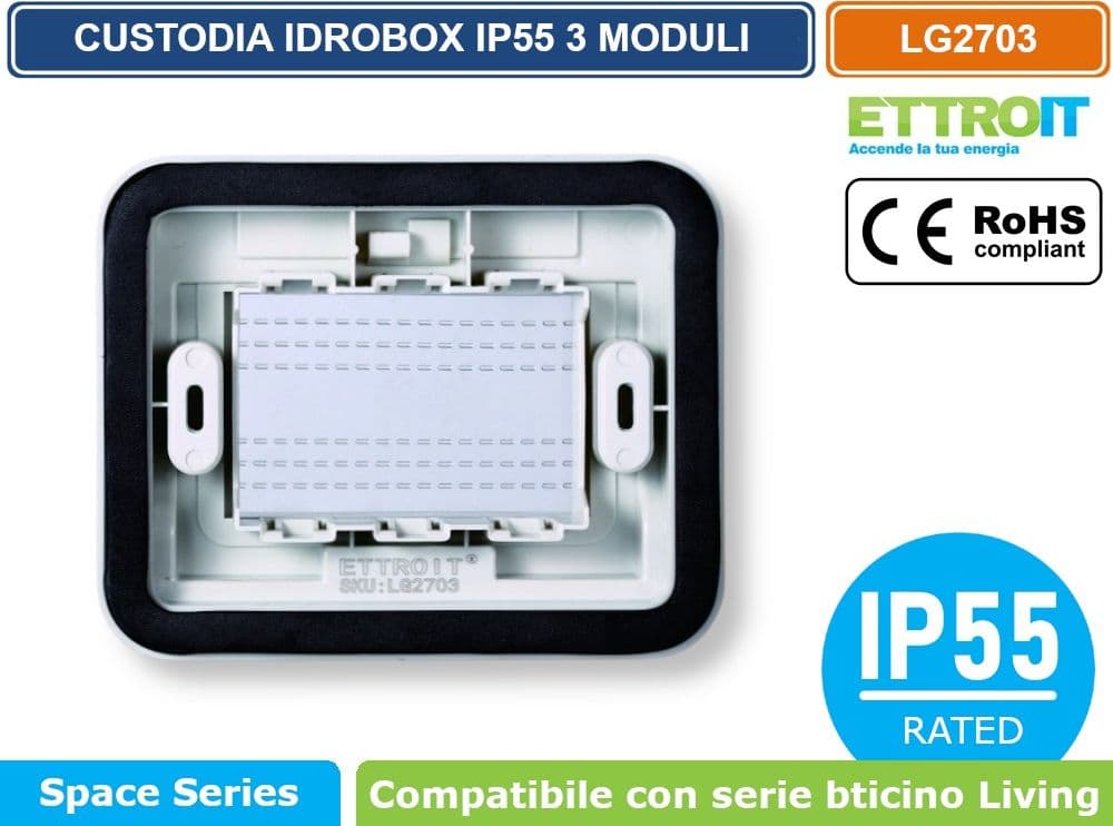 ETTROIT LG2703 PLACCA COPERTURA STAGNA 3M IDROBOX 3 MODULI GRIGIA IP55 COMPATIBILE SERIE BTICINO LIVING - 3
