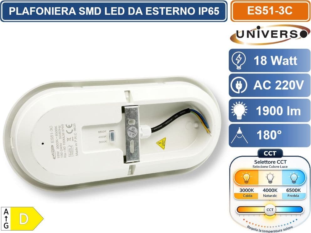UNIVERSO ES51-3C PLAFONIERA LED DA ESTERNO IP65 18W FORMA OVALE COLORE BIANCO CON SWITCH CCT PER SELEZIONE LUCE 3000K/4000K/6500K - 5