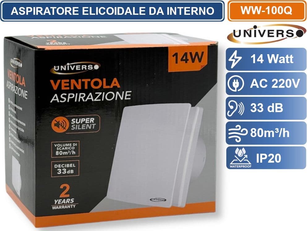 UNIVERSO WW-100Q ASPIRATORE ELICOIDALE 14W DA MURO Ø100 MM SUPER SILENZIOSO PORTATA 80³/H - 4