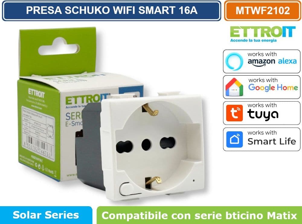 ETTROIT MTWF2102 PRESA SCHUKO WIFI SMART 16A CON CONTROLLO CONSUMI COMPATIBILE CON BTICINO MATIX APP TUYA