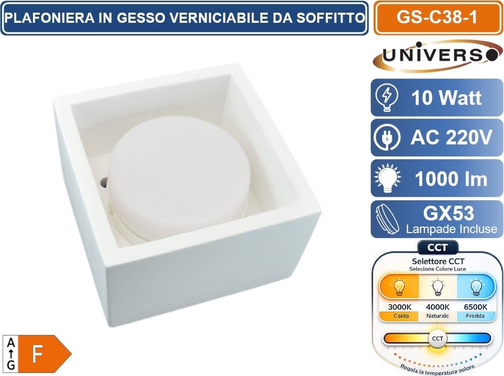 UNIVERSO GS-C38-1 PLAFONIERA IN GESSO VERNICIABILE DA SOFFITTO QUADRATA LAMPADA GX53 10 W INCLUSA SWITCH CCT PER SELEZIONE LUCE 3000K/4000K/6500K - 2