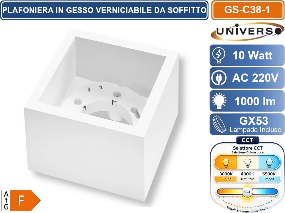 UNIVERSO GS-C38-1 PLAFONIERA IN GESSO VERNICIABILE DA SOFFITTO QUADRATA LAMPADA GX53 10 W INCLUSA SWITCH CCT PER SELEZIONE LUCE 3000K/4000K/6500K - 3