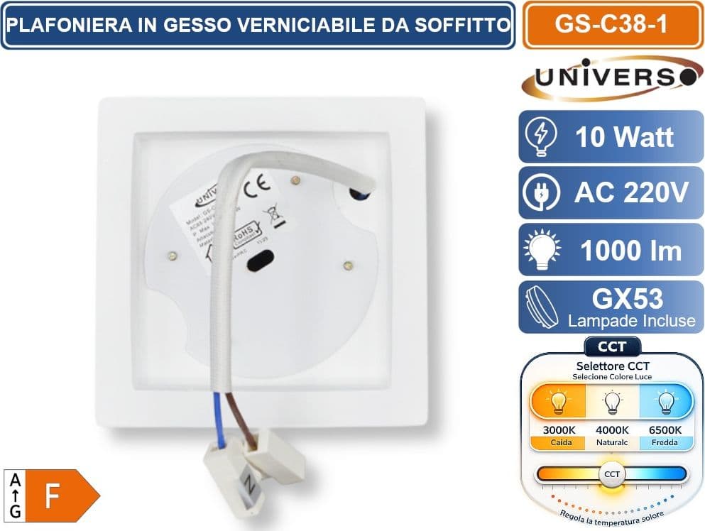 UNIVERSO GS-C38-1 PLAFONIERA IN GESSO VERNICIABILE DA SOFFITTO QUADRATA LAMPADA GX53 10 W INCLUSA SWITCH CCT PER SELEZIONE LUCE 3000K/4000K/6500K - 4