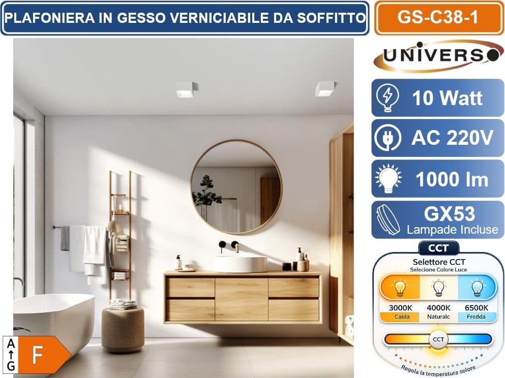 UNIVERSO GS-C38-1 PLAFONIERA IN GESSO VERNICIABILE DA SOFFITTO QUADRATA LAMPADA GX53 10 W INCLUSA SWITCH CCT PER SELEZIONE LUCE 3000K/4000K/6500K - 5