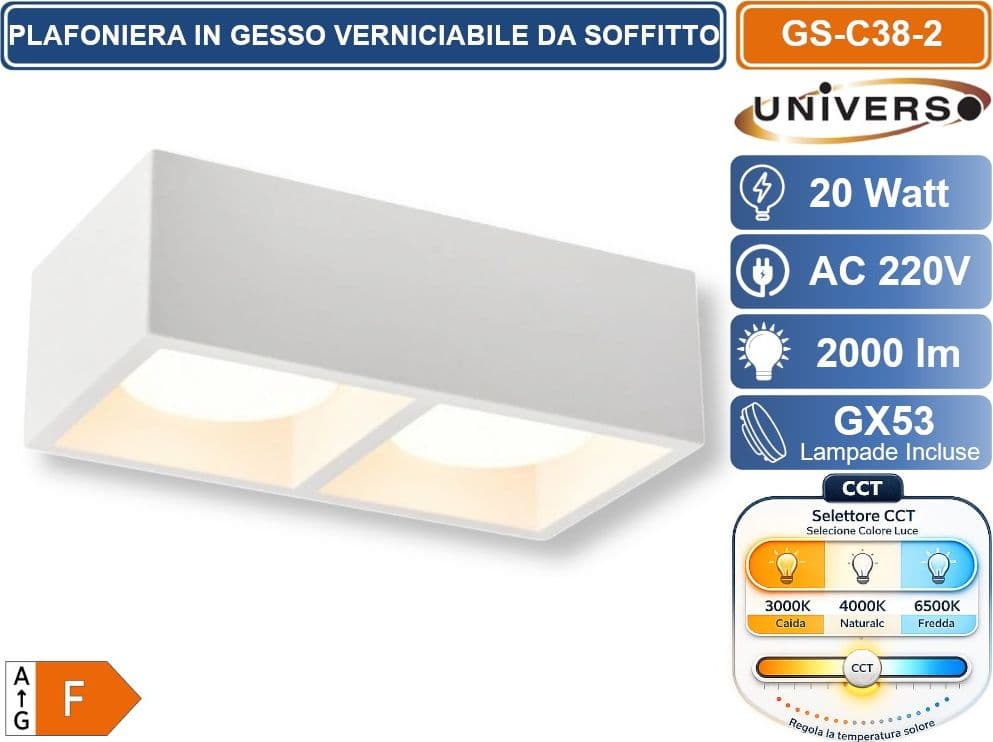 UNIVERSO GS-C38-2 PLAFONIERA IN GESSO VERNICIABILE DA SOFFITTO QUADRATA 2 LAMPADE GX53 10 W INCLUSE SWITCH CCT PER SELEZIONE LUCE 3000K/4000K/6500K