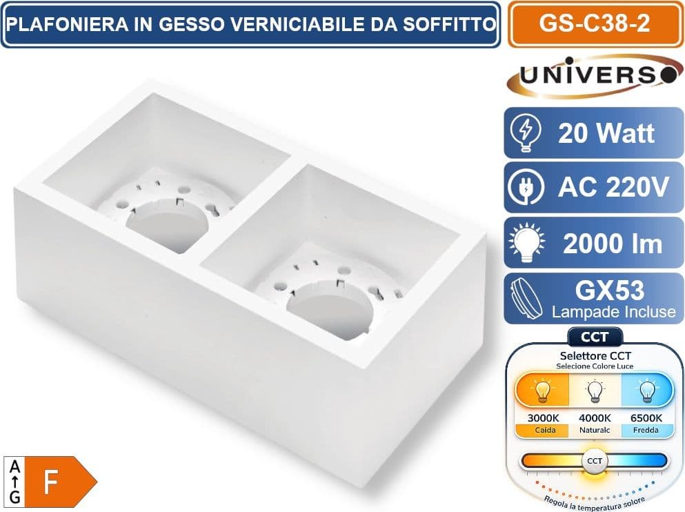 UNIVERSO GS-C38-2 PLAFONIERA IN GESSO VERNICIABILE DA SOFFITTO QUADRATA 2 LAMPADE GX53 10 W INCLUSE SWITCH CCT PER SELEZIONE LUCE 3000K/4000K/6500K - 2