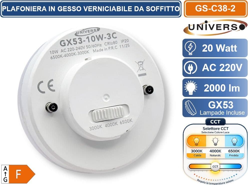 UNIVERSO GS-C38-2 PLAFONIERA IN GESSO VERNICIABILE DA SOFFITTO QUADRATA 2 LAMPADE GX53 10 W INCLUSE SWITCH CCT PER SELEZIONE LUCE 3000K/4000K/6500K - 4