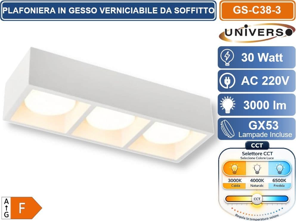 UNIVERSO GS-C38-3 PLAFONIERA IN GESSO VERNICIABILE DA SOFFITTO QUADRATA 3 LAMPADE GX53 10 W INCLUSE SWITCH CCT PER SELEZIONE LUCE 3000K/4000K/6500K