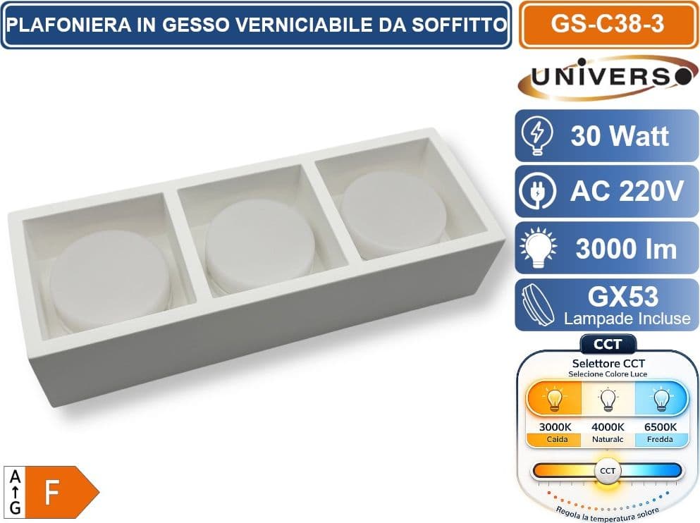 UNIVERSO GS-C38-3 PLAFONIERA IN GESSO VERNICIABILE DA SOFFITTO QUADRATA 3 LAMPADE GX53 10 W INCLUSE SWITCH CCT PER SELEZIONE LUCE 3000K/4000K/6500K - 2