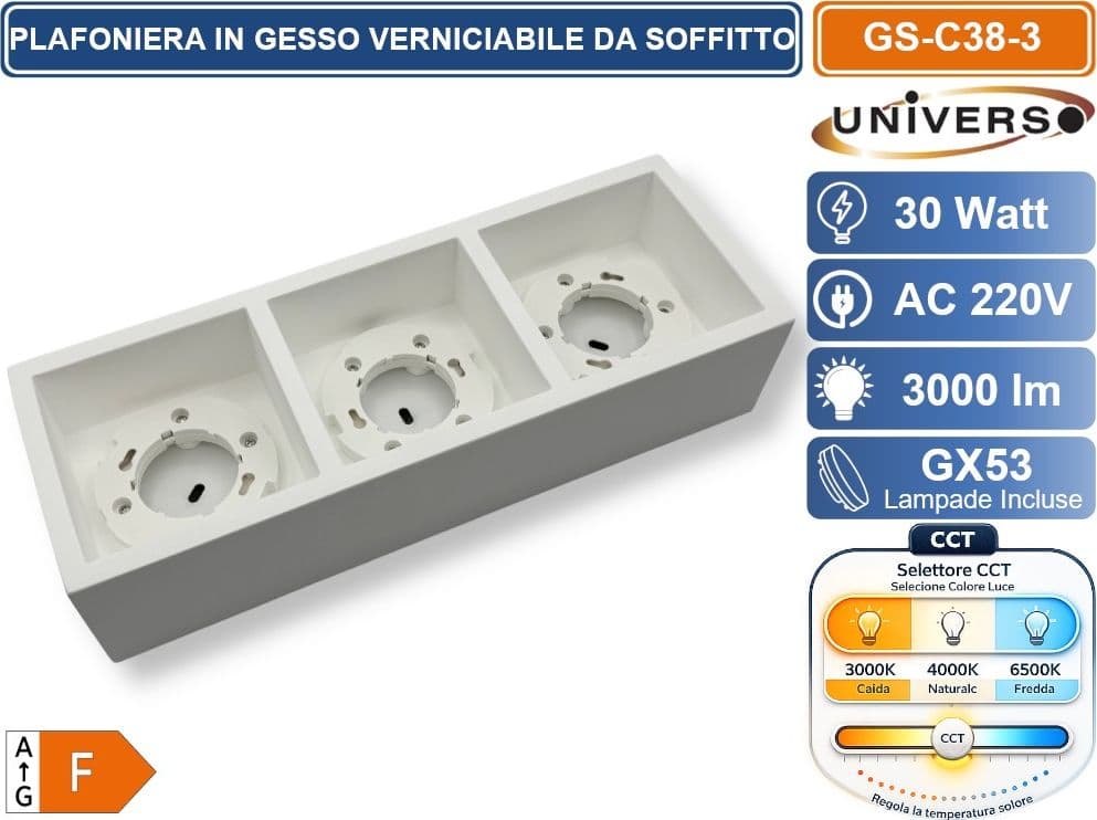 UNIVERSO GS-C38-3 PLAFONIERA IN GESSO VERNICIABILE DA SOFFITTO QUADRATA 3 LAMPADE GX53 10 W INCLUSE SWITCH CCT PER SELEZIONE LUCE 3000K/4000K/6500K - 3