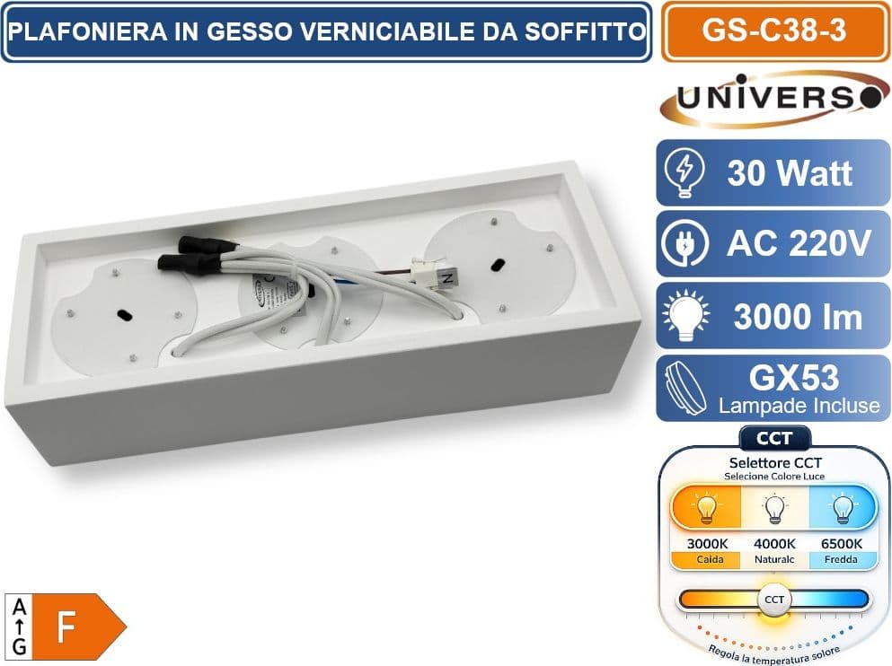 UNIVERSO GS-C38-3 PLAFONIERA IN GESSO VERNICIABILE DA SOFFITTO QUADRATA 3 LAMPADE GX53 10 W INCLUSE SWITCH CCT PER SELEZIONE LUCE 3000K/4000K/6500K - 4