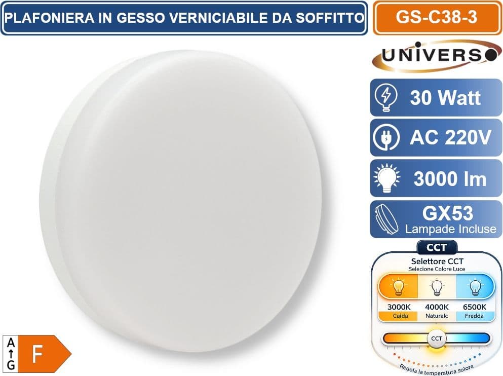 UNIVERSO GS-C38-3 PLAFONIERA IN GESSO VERNICIABILE DA SOFFITTO QUADRATA 3 LAMPADE GX53 10 W INCLUSE SWITCH CCT PER SELEZIONE LUCE 3000K/4000K/6500K - 5