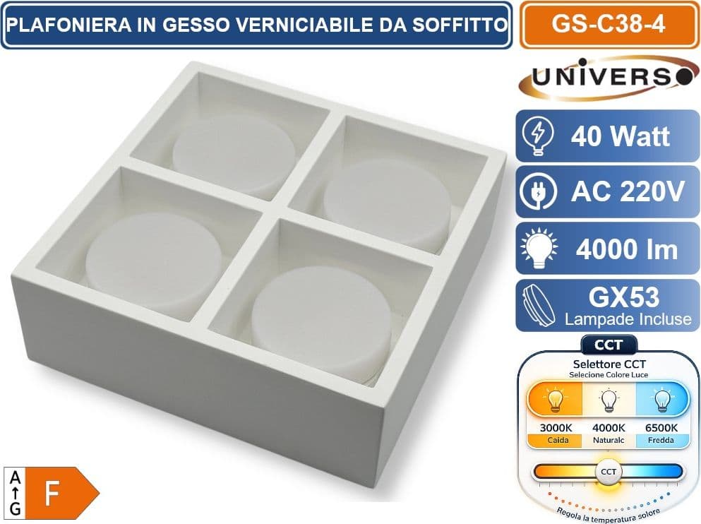 UNIVERSO GS-C38-4 PLAFONIERA IN GESSO VERNICIABILE DA SOFFITTO QUADRATA 4 LAMPADE GX53 10 W INCLUSE SWITCH CCT PER SELEZIONE LUCE 3000K/4000K/6500K - 2